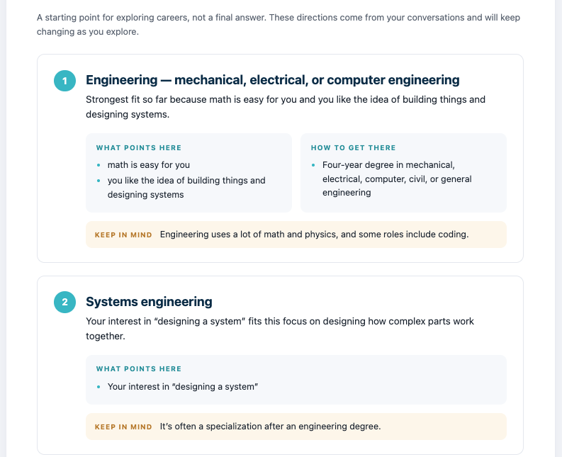 A student's career directions page in Campus Match. It lists engineering and systems engineering, each with what points to it, how to get there, and something to keep in mind.