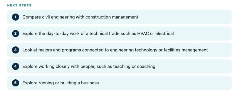 A list of next steps from Campus Match: compare civil engineering with construction management, explore the day-to-day work of a technical trade such as HVAC or electrical, look at majors and programs connected to engineering technology or facilities management, explore working closely with people such as teaching or coaching, and explore running or building a business.